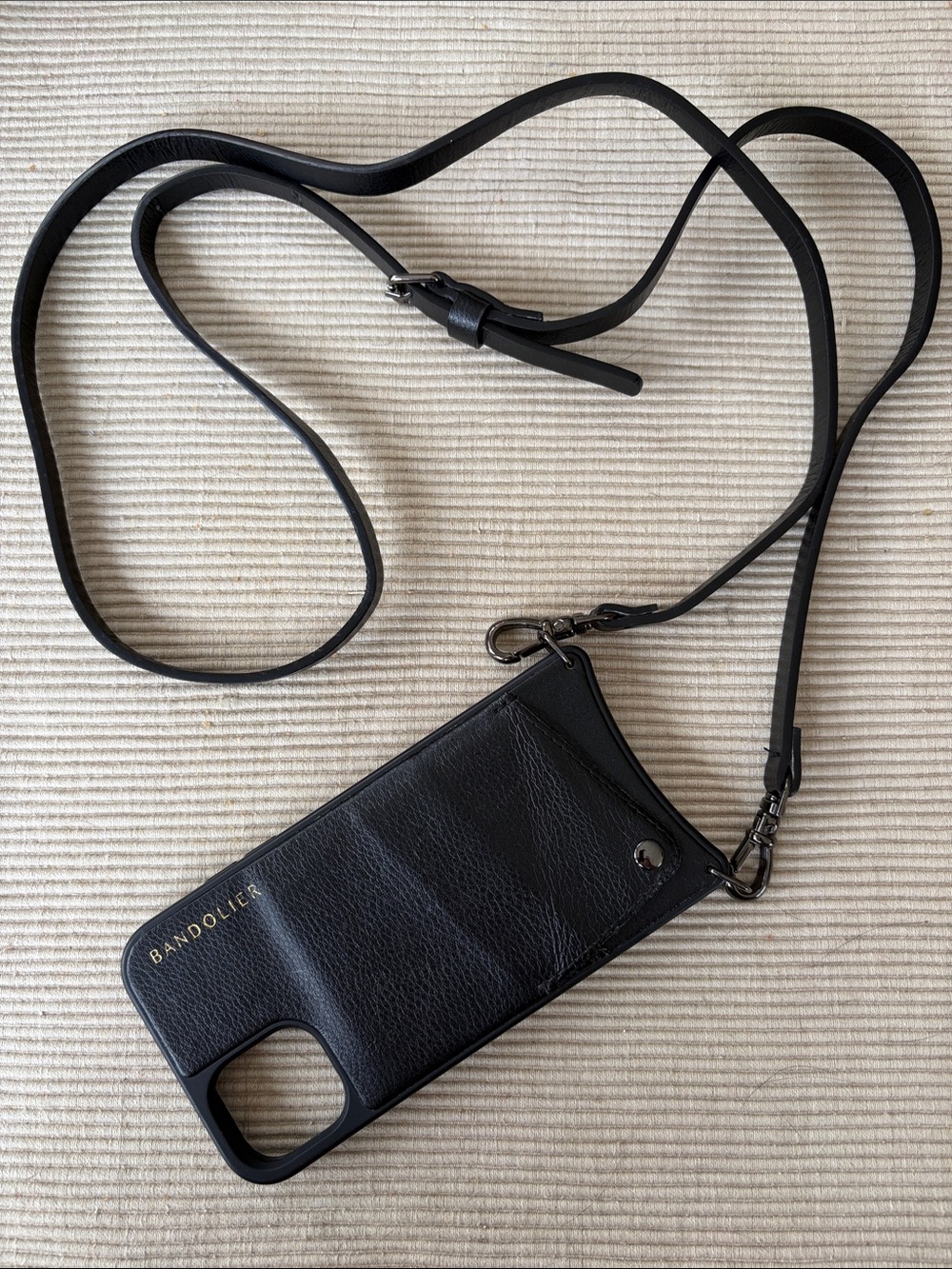 Bandolier Black Leather iPhone 11 Case and Matching strap…Black Hardware